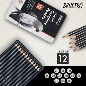 BRUSTRO Fine Art Graphite Pencil Set 10B - 2H Pack of 12 with Elegant Tin Box