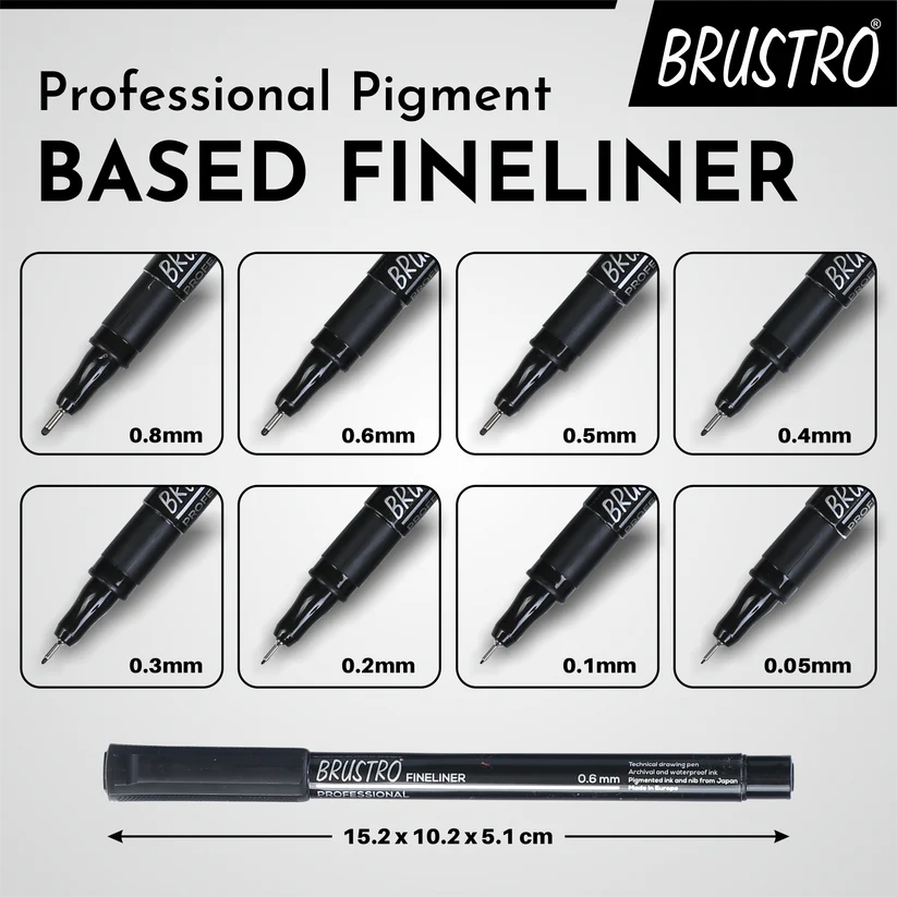 Brustro Professional Pigment Based Fineliner Pen Set of 8 different point size Black color (Micron)