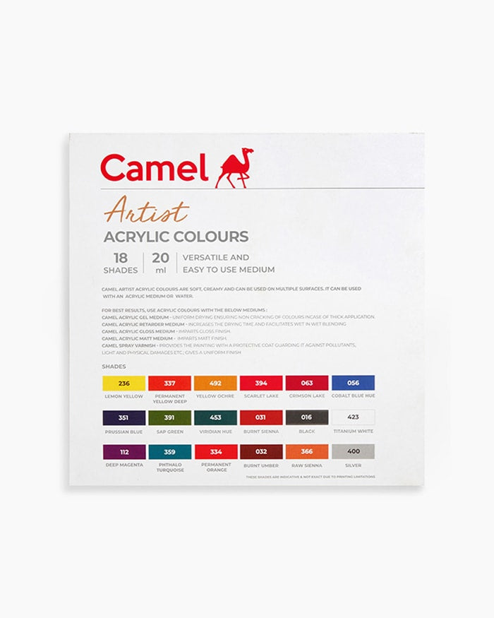 Camel Artist Acrylic Colours Assorted pack of 18 shades in 20 ml with Mediums