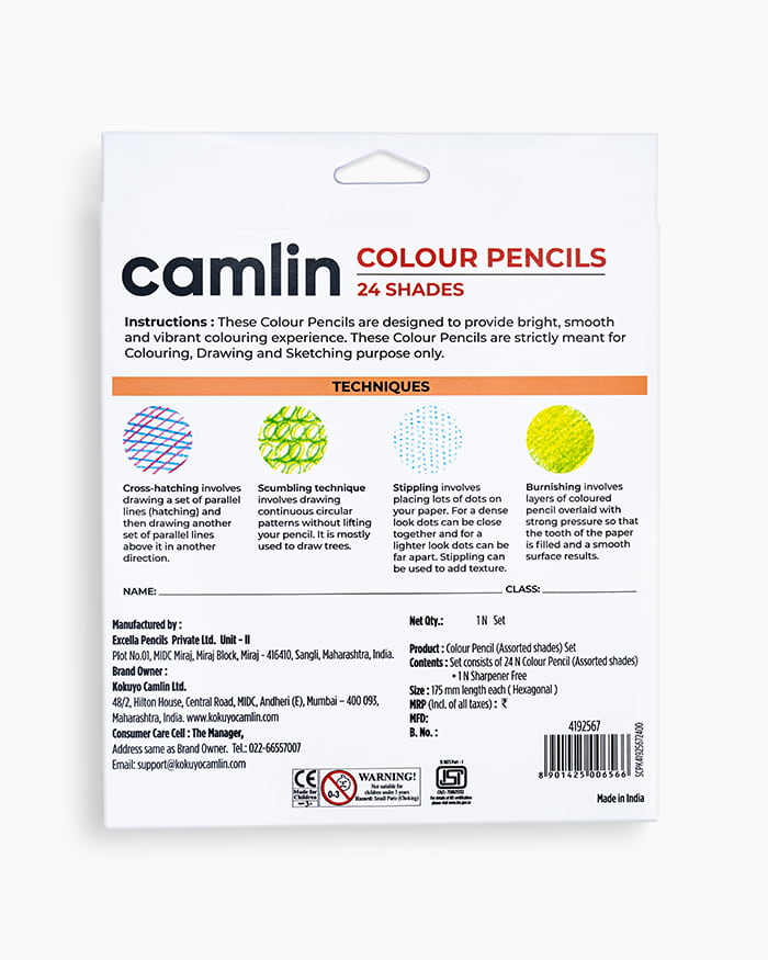 Camlin Colour Pencils Assorted pack of 24 shades with Sharpener, Full size