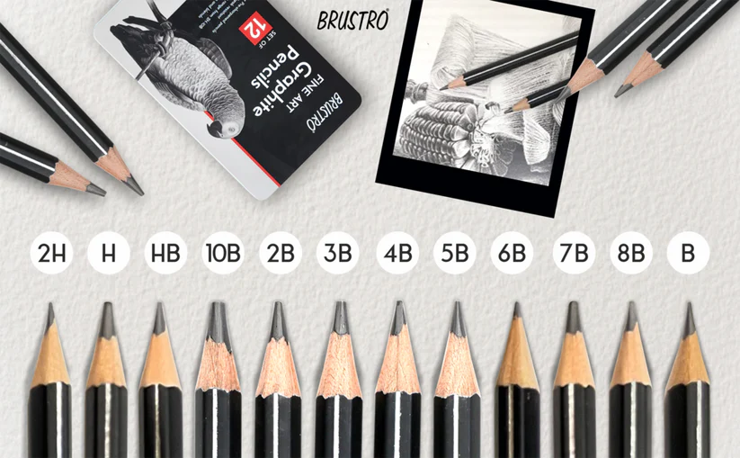 BRUSTRO Fine Art Graphite Pencil Set 10B - 2H Pack of 12 with Elegant Tin Box
