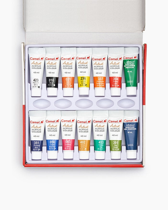 Camel Artist Acrylic Colours Assorted pack of 12 shades in 40 ml with Mediums
