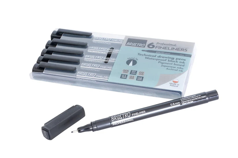 Brustro Professional Pigment Based Fineliner Pen Set of 6 different point size Black color (Micron)