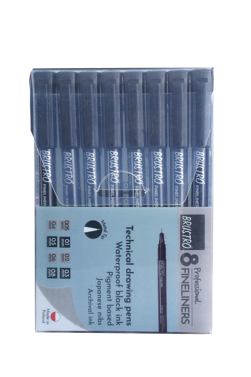 Brustro Professional Pigment Based Fineliner Pen Set of 8 different point size Black color (Micron)