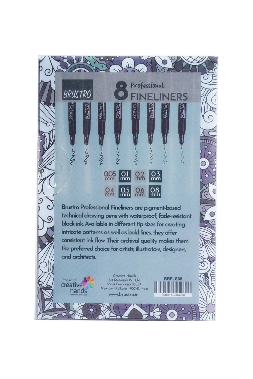 Brustro Professional Pigment Based Fineliner Pen Set of 8 different point size Black color (Micron)