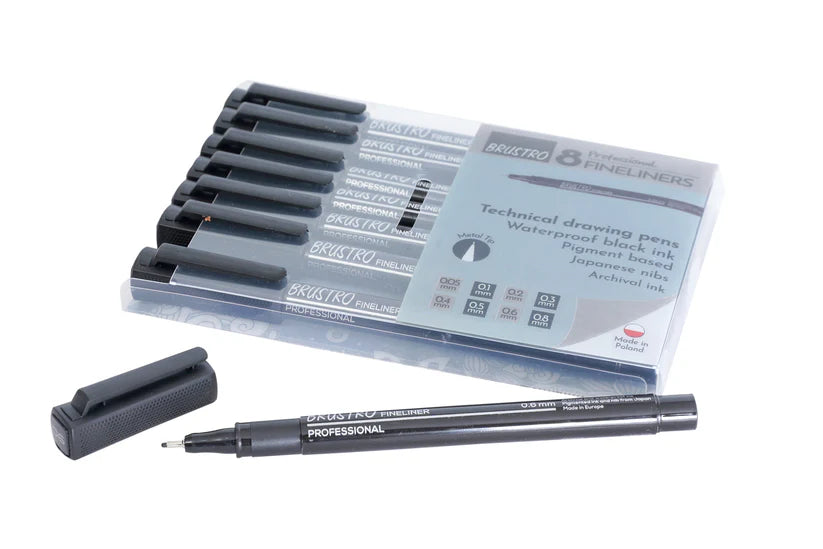 Brustro Professional Pigment Based Fineliner Pen Set of 8 different point size Black color (Micron)