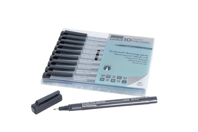 Brustro Professional Pigment Based Fineliner Pen Set of 10 different point size Black color (Micron)