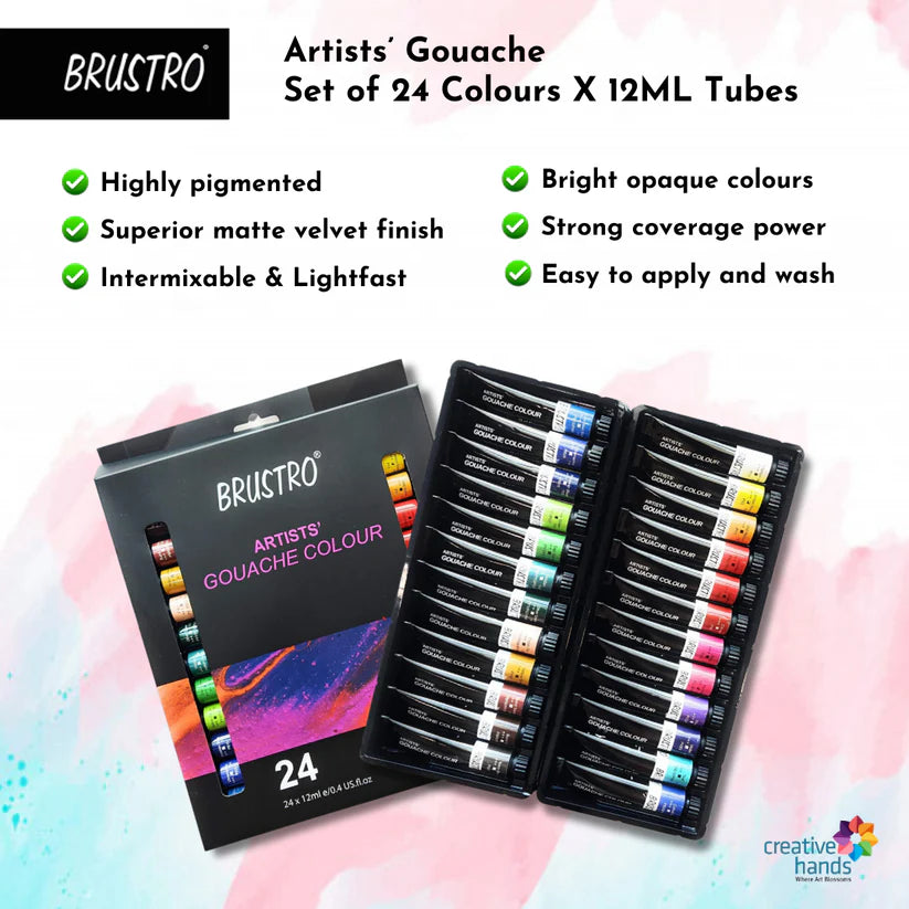 BRUSTRO Artist's Gouache Colour Set of 24 Colors X 12ml Tubes