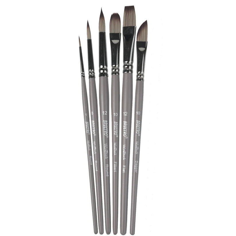 BRUSTRO VelveTouch Artist Brushes Set of 6 for Gouache, Acrylics, Watercolor, and Oil Painting