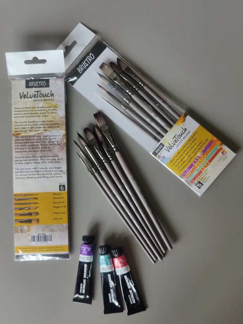 BRUSTRO VelveTouch Artist Brushes Set of 6 for Gouache, Acrylics, Watercolor, and Oil Painting
