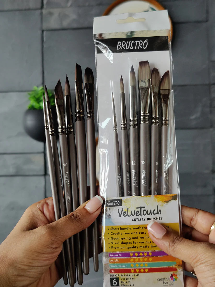 BRUSTRO VelveTouch Artist Brushes Set of 6 for Gouache, Acrylics, Watercolor, and Oil Painting