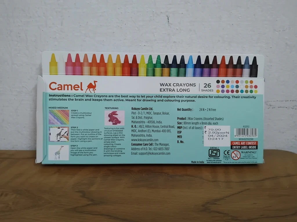 Camel Wax Crayons Assorted pack of 26 shades, Extra long