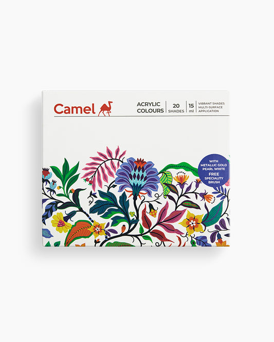 Camel  Acrylic  Colours  Assorted  pack  of  20  shades  in  15  ml  with  Brush,  Pearl,  and  Metallic  ranges