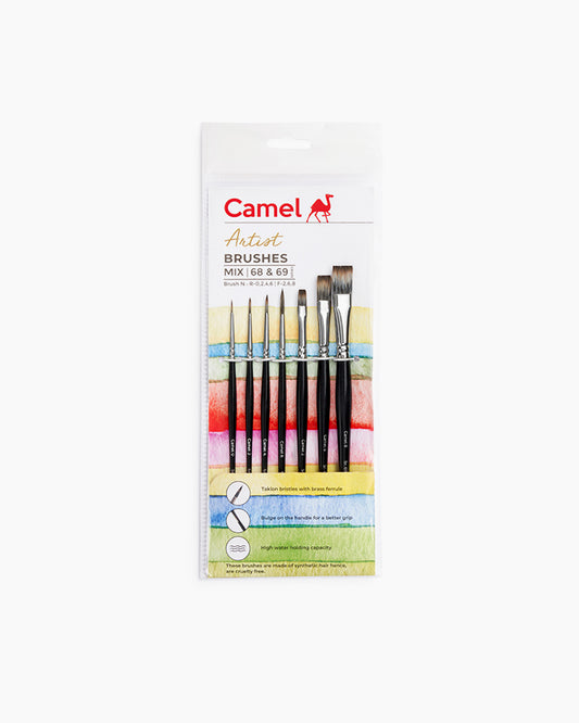 Camel  Artist  Brushes  Assorted  pack  of  7  brushes,  Round  -  Series  68  &  Flat  -  Series  69