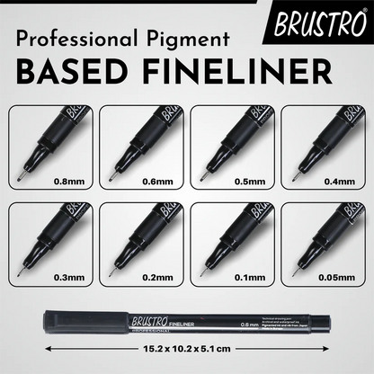 Brustro Professional Pigment Based Fineliner Pen Set of 8 different point size Black color (Micron)
