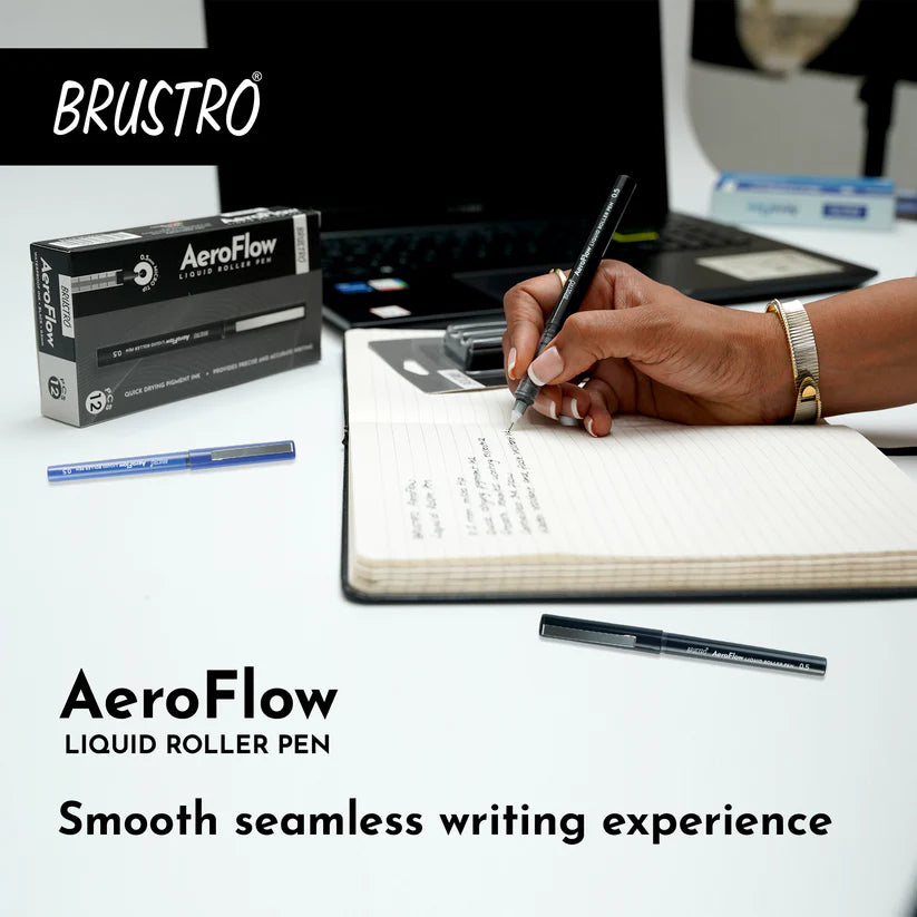 BRUSTRO AeroFlow Liquid Ink Rollerball Pens 0.5 Micro Tip (Classic Black ink)