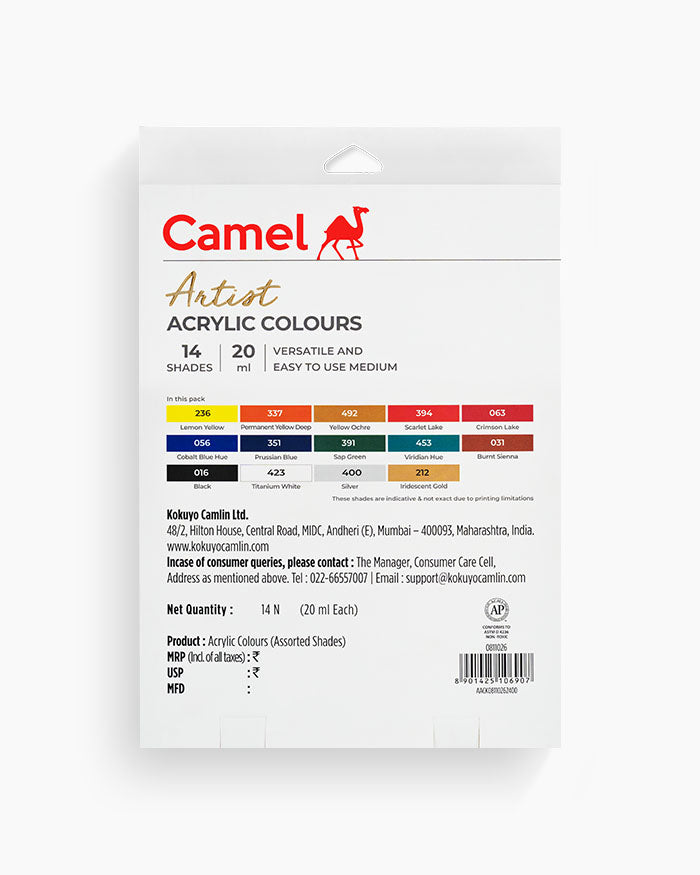 Camel  Artist  Acrylic  Colours  Assorted  pack  of  14  shades  in  20  ml