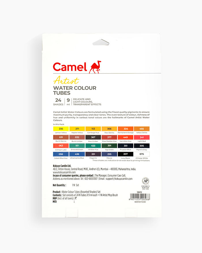 Camel  Artist  Water  Colours  Assorted  pack  of  tubes,  24  shades  in  9  ml
