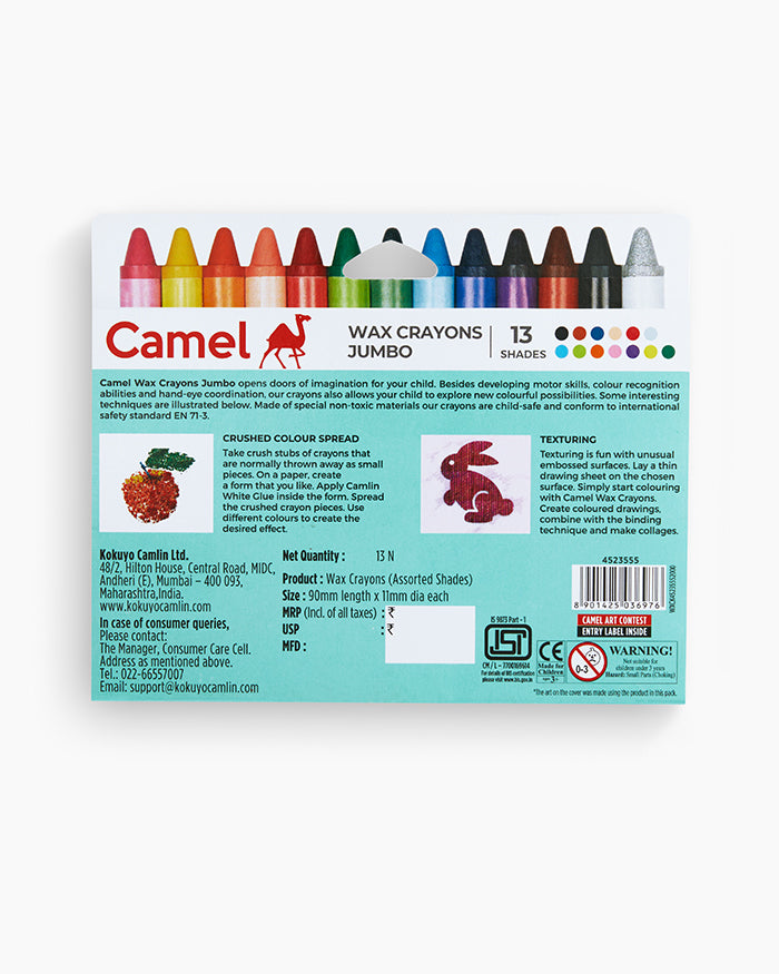 Camel  Wax  Crayons  Assorted  pack  of  13  shades,  Jumbo