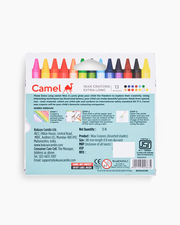 Camel  Wax  Crayons  Assorted  pack  of  13  shades,  Extra  long