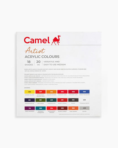 Camel  Artist  Acrylic  Colours  Assorted  pack  of  18  shades  in  20  ml  with  Mediums