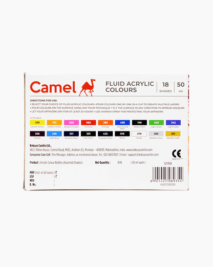 Camel  Fluid  Acrylic  Colours  Assorted  Pack  in  18  Shades