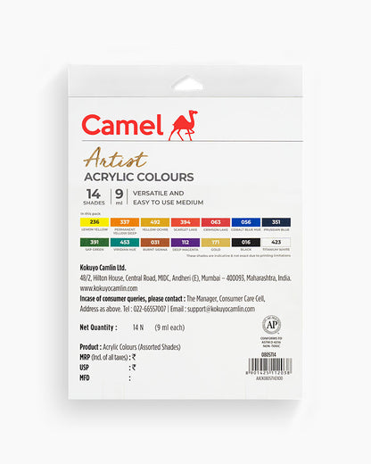 Camel  Artist  Acrylic  Colours  Assorted  pack  of  14  shades  in  9  ml
