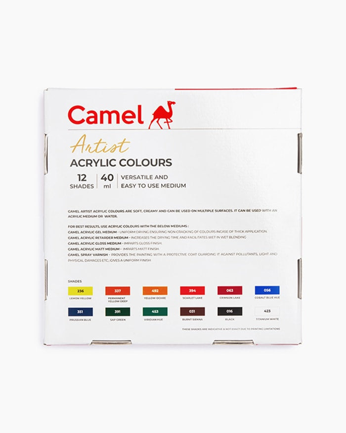 Camel  Artist  Acrylic  Colours  Assorted  pack  of  12  shades  in  40  ml  with  Mediums