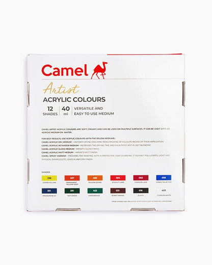 Camel  Artist  Acrylic  Colours  Assorted  pack  of  12  shades  in  40  ml  with  Mediums