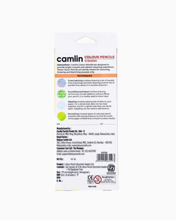 Camlin  Colour  Pencils  Assorted  pack  of  12  shades  with  Sharpener,  Full  size