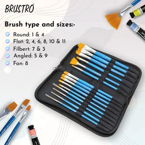 Brustro Synthetic Hair Short Handle Artists Taklon Hair Brush Set of 15 in a Premium Zippered Brush Wallet
