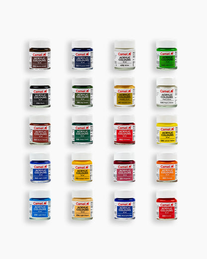 Camel  Acrylic  Colours  Assorted  pack  of  20  shades  in  15  ml  with  Brush,  Pearl,  and  Metallic  ranges