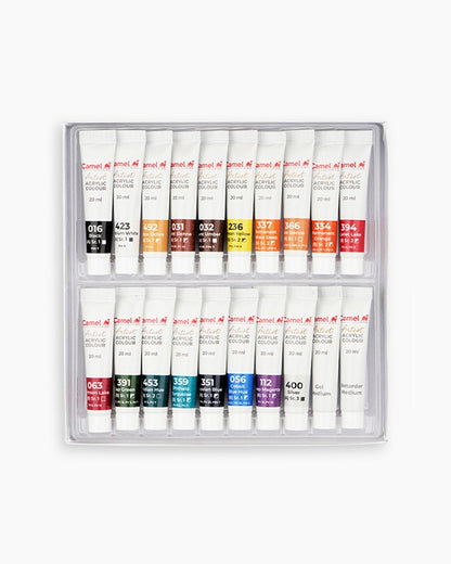 Camel  Artist  Acrylic  Colours  Assorted  pack  of  18  shades  in  20  ml  with  Mediums
