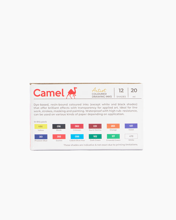 Camel  Coloured  Drawing  Inks  Assorted  pack  of  12  shades  in  20  ml