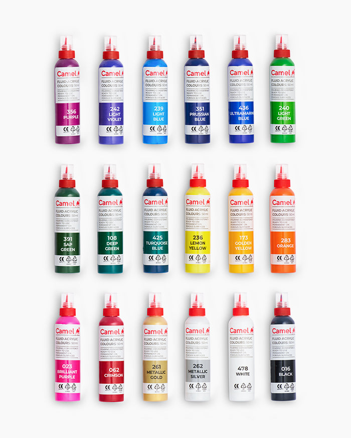 Camel  Fluid  Acrylic  Colours  Assorted  Pack  in  18  Shades