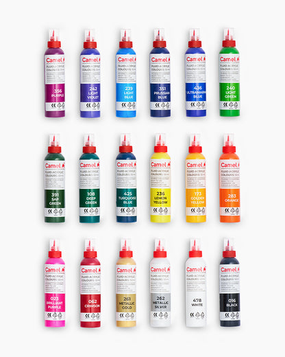 Camel  Fluid  Acrylic  Colours  Assorted  Pack  in  18  Shades
