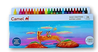Camel  Wax  Crayons  Assorted  pack  of  26  shades,  Extra  long