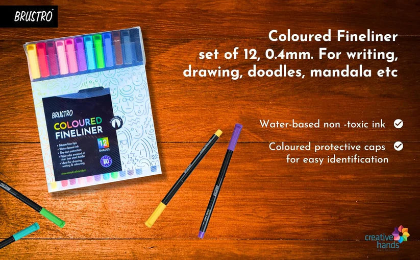 BRUSTRO Coloured Fineliner Set of 12 Assorted Colours 0.4mm