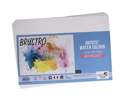 Brustro Watercolour Papers 25% Cotton Hot Pressed 300 GSM A3 (Each Packet Contains 5 sheets)