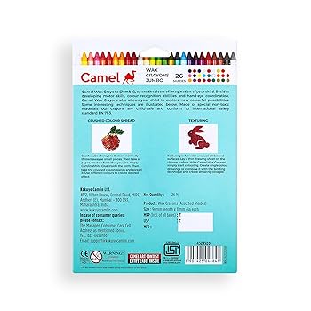 Camel  Wax  Crayons  Assorted  pack  of  26  shades,  Jumbo