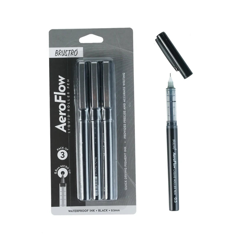 BRUSTRO AeroFlow Liquid Ink Rollerball Pens 0.5 Micro Tip (Classic Black ink)