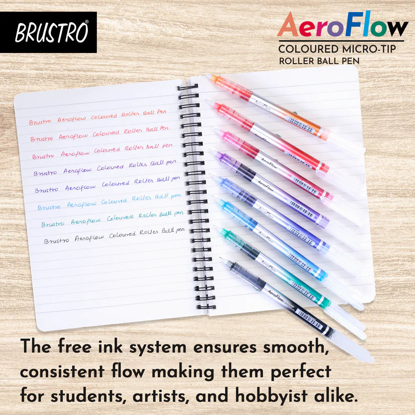 BRUSTRO Aero Flow Coloured Micro-Tip Roller Ball Pen Tip size - 0.5 mm - Set of 8