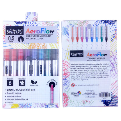 BRUSTRO Aero Flow Coloured Micro-Tip Roller Ball Pen Tip size - 0.5 mm - Set of 8