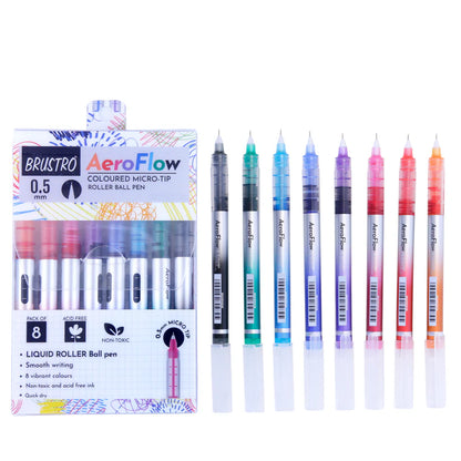 BRUSTRO Aero Flow Coloured Micro-Tip Roller Ball Pen Tip size - 0.5 mm - Set of 8