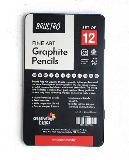 BRUSTRO Fine Art Graphite Pencil Set 10B - 2H  Pack of 12 with Elegant Tin Box