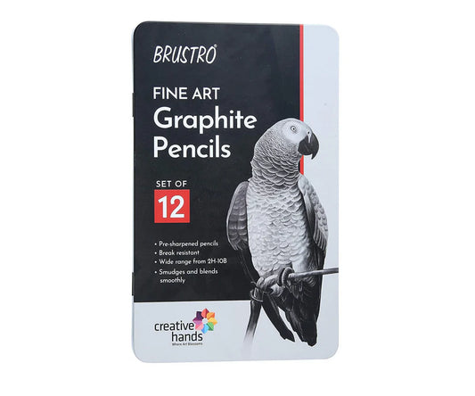 BRUSTRO Fine Art Graphite Pencil Set 10B - 2H  Pack of 12 with Elegant Tin Box
