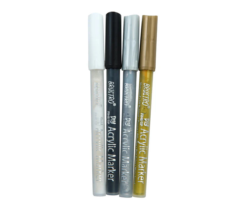 Brustro Acrylic (DIY) Fine Tip Marker Set of 4 – Gold, Silver, Black, White 0.8MM