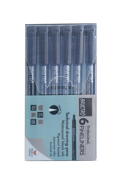 Brustro Professional Pigment Based Fineliner Pen Set of 6 different point size Black color (Micron)