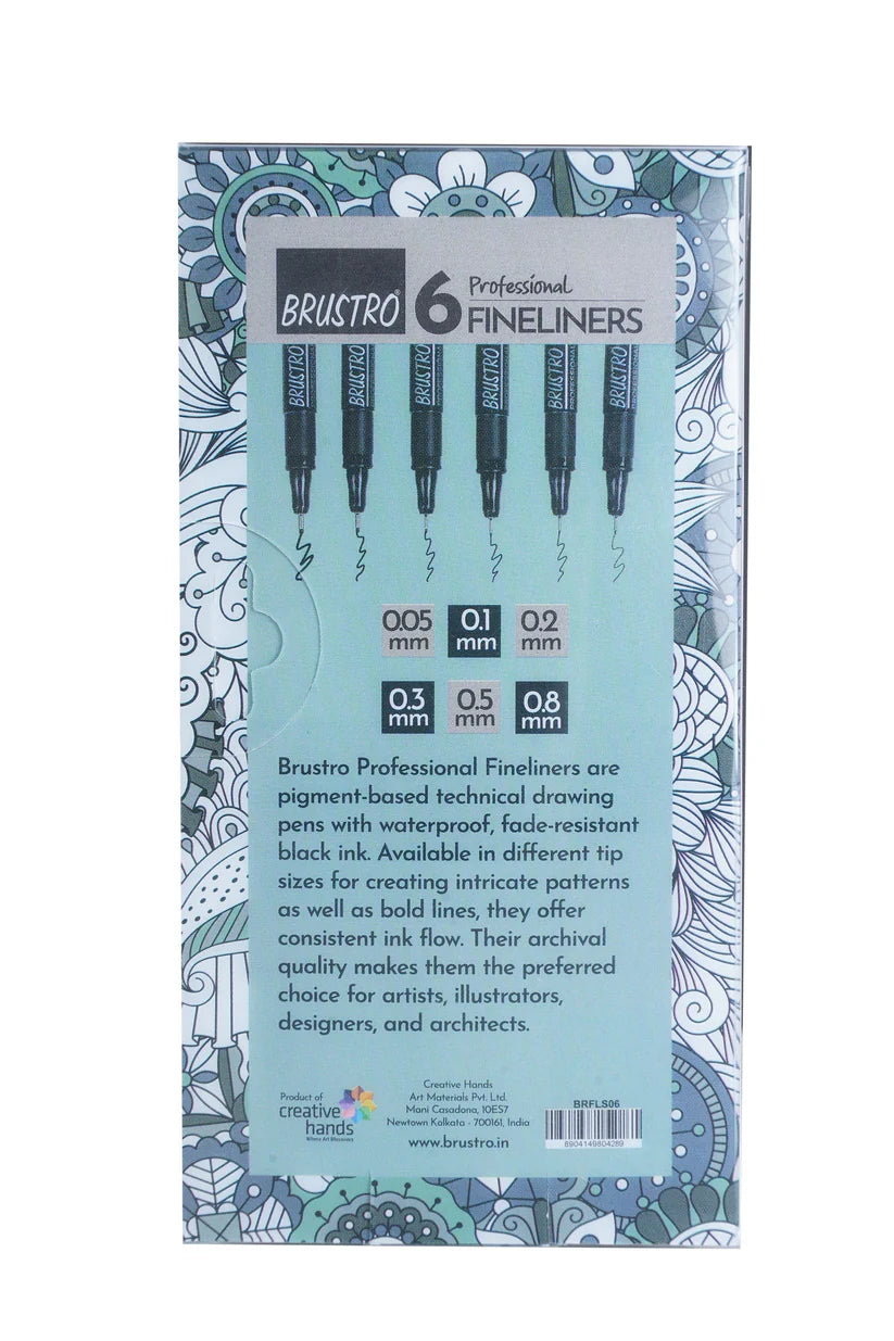 Brustro Professional Pigment Based Fineliner Pen Set of 6 different point size Black color (Micron)