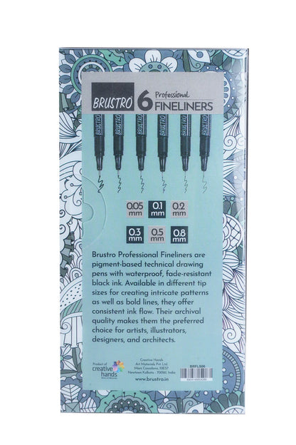 Brustro Professional Pigment Based Fineliner Pen Set of 6 different point size Black color (Micron)